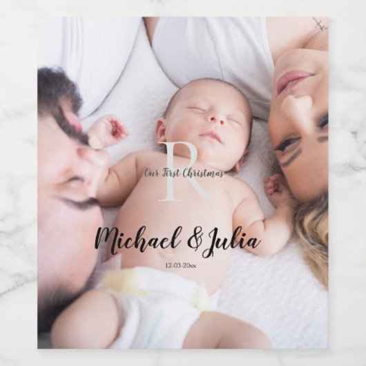 personalized simple monogram name first christmas  ワインラベル (シングルラベル)