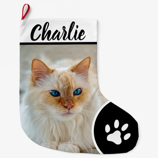 Personalized Simple Paw Pet Photo Monogram Name ラージクリスマスストッキング (正面)