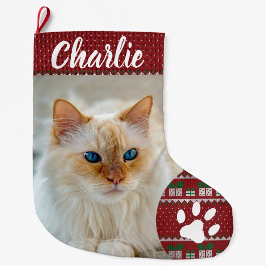 Personalized Simple Paw Pet Photo Monogram Name ラージクリスマスストッキング (正面)
