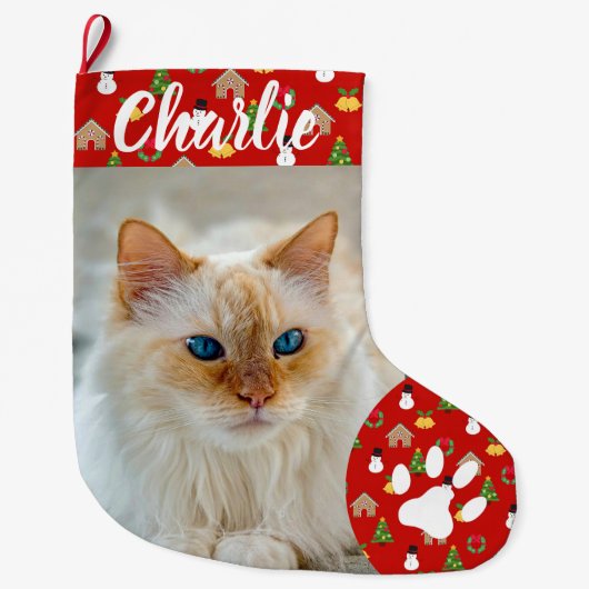 Personalized Simple Paw Pet Photo Monogram Name ラージクリスマスストッキング (正面)