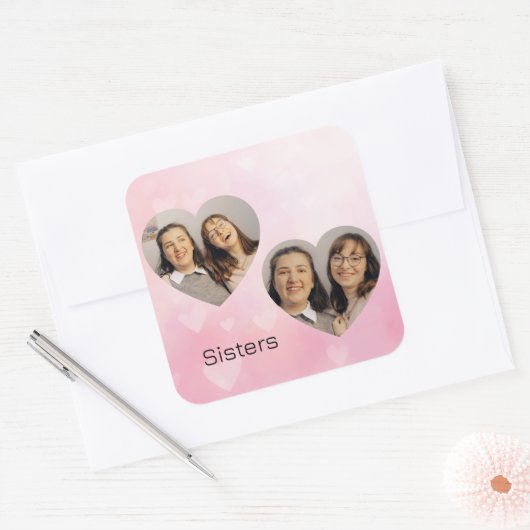 Personalized Sisters Heart-Shaped Photo Sticker スクエアシール (封筒)