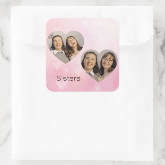 Personalized Sisters Heart-Shaped Photo Sticker スクエアシール (バッグ)