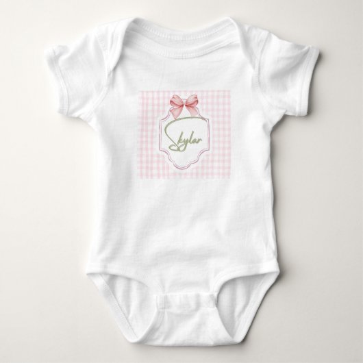 Personalized Skylar Baby Girl Nursery Bow&Gingham ベビーボディスーツ (正面)