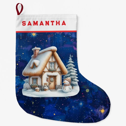 Personalized Snowman & Cabin Christmas Stocking ラージクリスマスストッキング (正面)