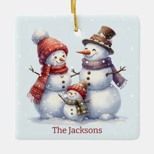 Personalized Snowman Family Christmas Ornament セラミックオーナメント (正面)