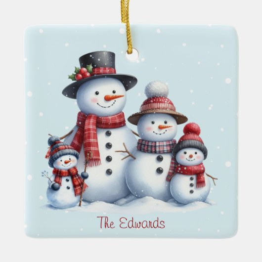 Personalized Snowman Family with children Ornament セラミックオーナメント (正面)