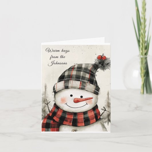 Personalized Snowman Plaid Christmas Family Name  シーズンカード (正面)