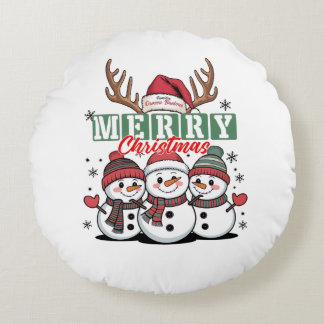 Personalized Snowman Trio Round Pillow ラウンドクッション