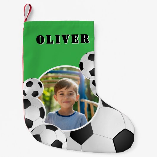 Personalized Soccer Ball Football Boy Photo  スモールクリスマスストッキング (正面)