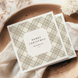 Personalized Soft Beige Gingham Merry Christmas スタンダードカクテルナプキン