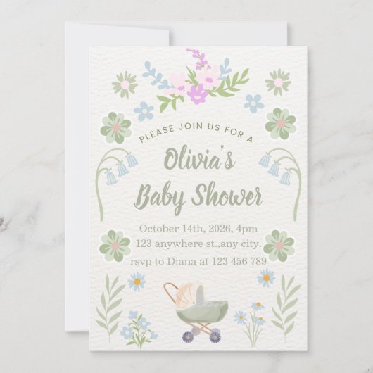 Personalized Soft Floral Baby Shower 招待状 (正面)