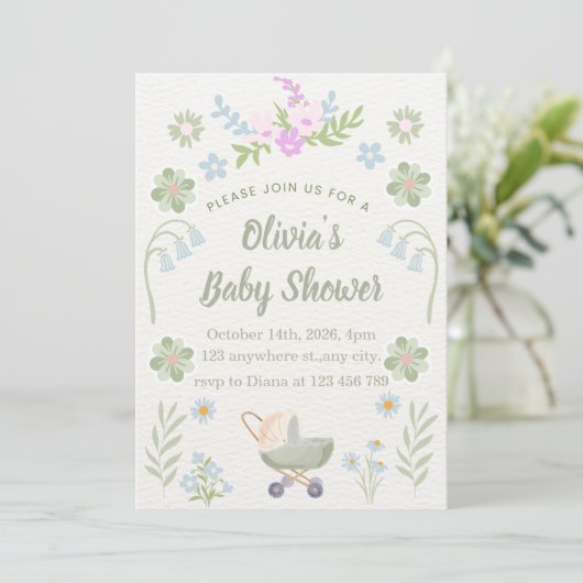 Personalized Soft Floral Baby Shower 招待状 (スタンド正面)