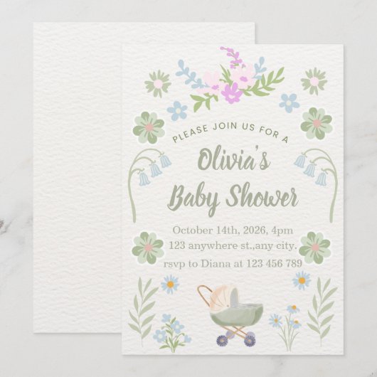 Personalized Soft Floral Baby Shower 招待状 (正面/裏面)