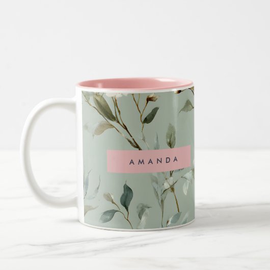 Personalized Soft Pastel Green Flower Design ツートーンマグカップ (左)