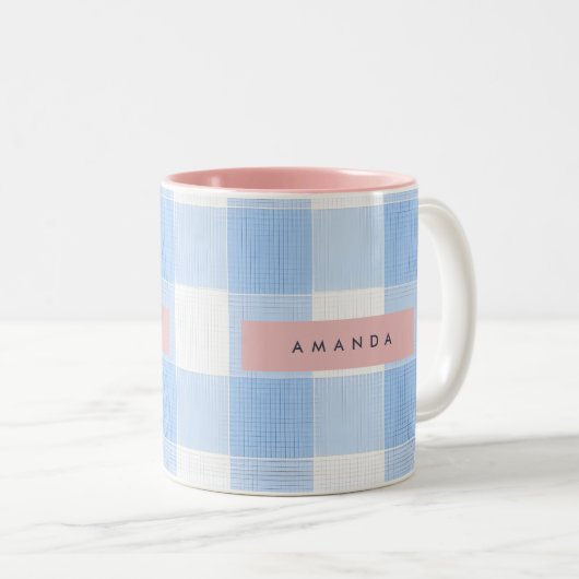 Personalized Soft Pastel Sky Blue Gingham  ツートーンマグカップ (正面右)
