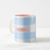 Personalized Soft Pastel Sky Blue Gingham  ツートーンマグカップ (正面左)