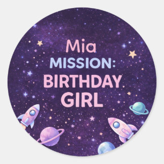 Personalized Space Birthday Girl Party Sticker ラウンドシール