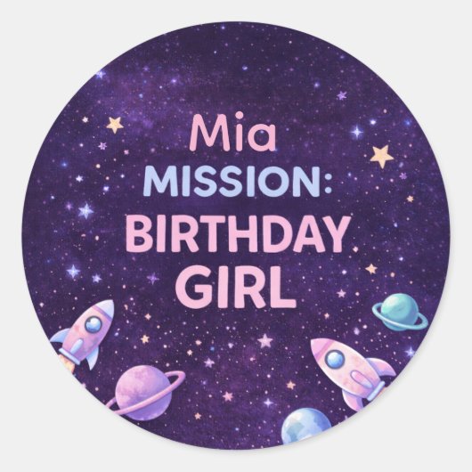 Personalized Space Birthday Girl Party Sticker ラウンドシール (正面)