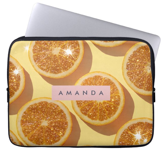 Personalized Sparkle Citrus Glitter Orange ラップトップスリーブ (正面)