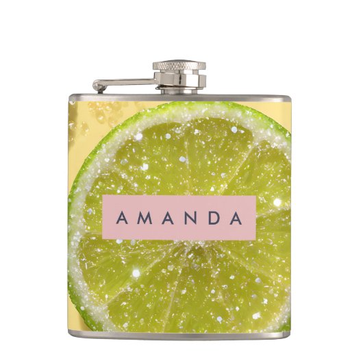 Personalized Sparkle Lime Slice Glitter Citrus  フラスク (正面)