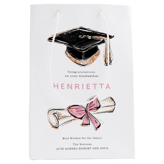 personalized Sparkling Graduation Cap Diploma Pink ミディアムペーパーバッグ (正面)
