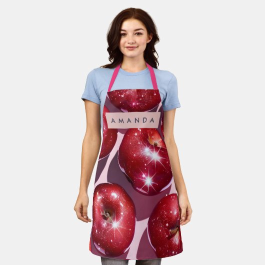 Personalized Sparkling Red Apple Pink Background エプロン (着用した状態)