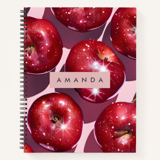 Personalized Sparkling Red Apple Pink Background ノートブック (正面)