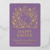 Personalized Spring Easter Bunny Gold Floral 箔シーズンカード (正面)