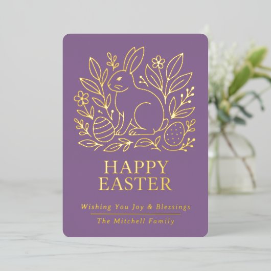 Personalized Spring Easter Bunny Gold Floral 箔シーズンカード (立ち正面)