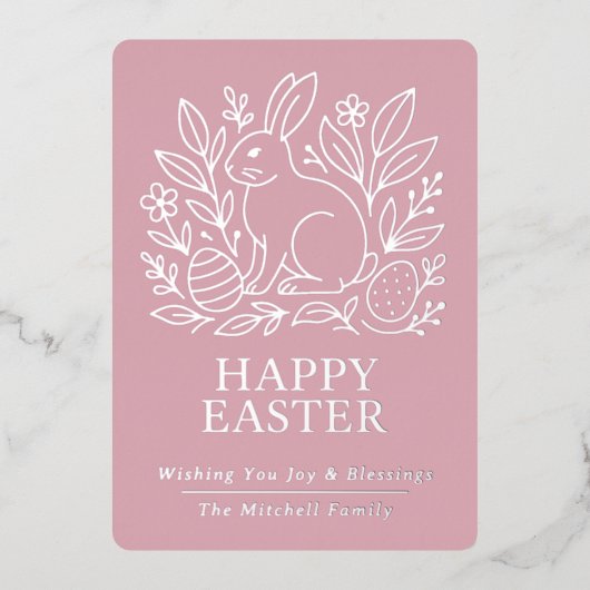 Personalized Spring Easter Bunny Gold Floral 箔シーズンカード (正面)