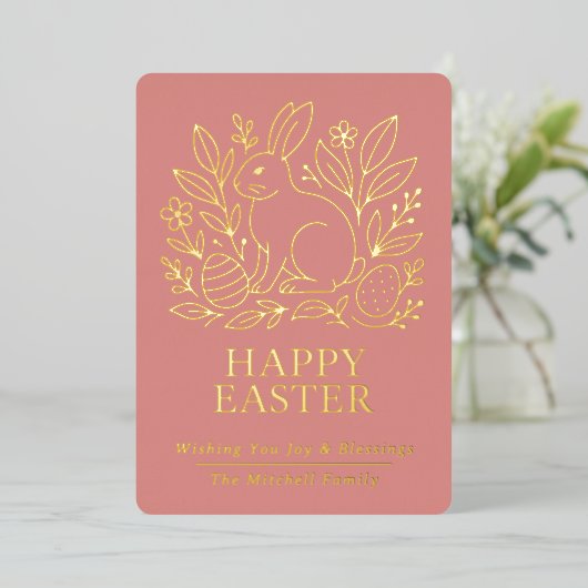 Personalized Spring Easter Bunny Gold Floral 箔シーズンカード (立ち正面)