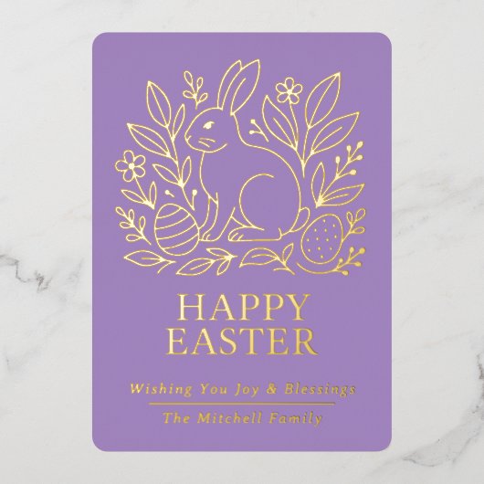 Personalized Spring Easter Bunny Gold Floral 箔シーズンカード (正面)