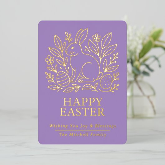 Personalized Spring Easter Bunny Gold Floral 箔シーズンカード (立ち正面)