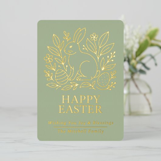 Personalized Spring Easter Bunny Gold Floral 箔シーズンカード (立ち正面)