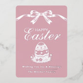 Personalized Spring Easter Egg Silver Bow 箔シーズンカード (正面)