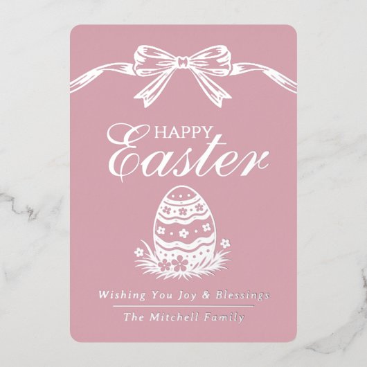Personalized Spring Easter Egg Silver Bow 箔シーズンカード (正面)