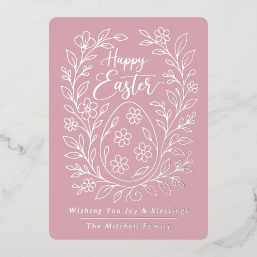 Personalized Spring Easter Egg Silver Floral Foil 箔シーズンカード (正面)