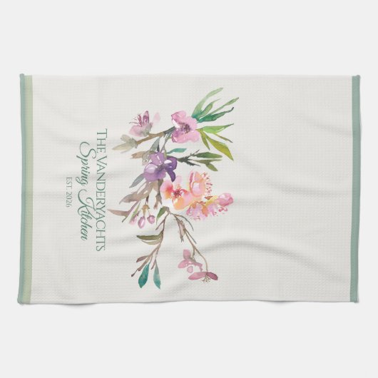 Personalized Spring Floral Watercolor Botanical  キッチンタオル (横)