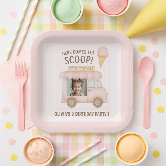 Personalized Square Ice Cream Truck Photo Birthday ペーパープレート