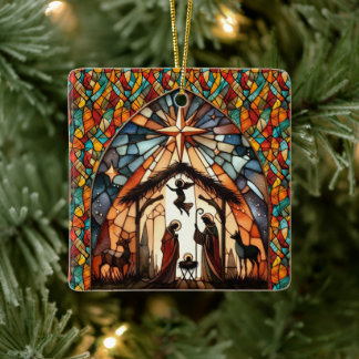Personalized Stained Glass Nativity Scene Christma セラミックオーナメント