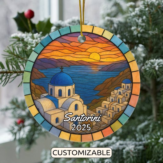 Personalized Stained Glass Santorini, Greece セラミックオーナメント