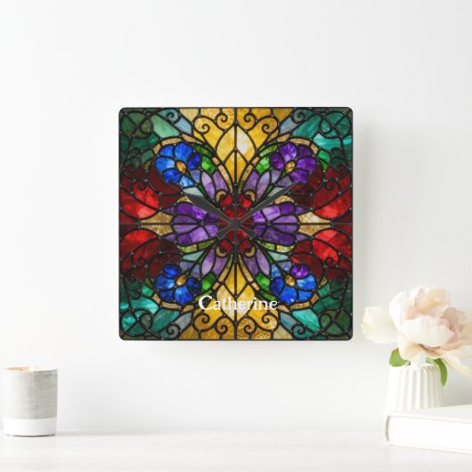 Personalized Stained Glass Wall Clock スクエア壁時計 (ホーム)