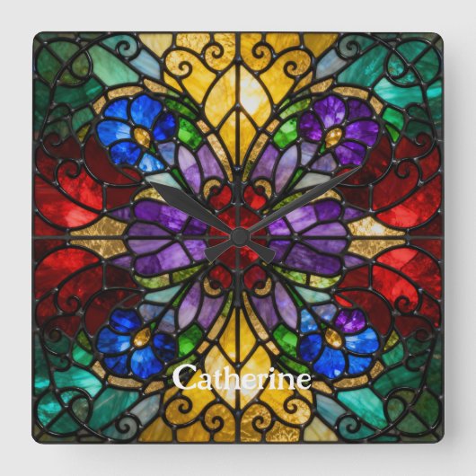 Personalized Stained Glass Wall Clock  スクエア壁時計 (正面)