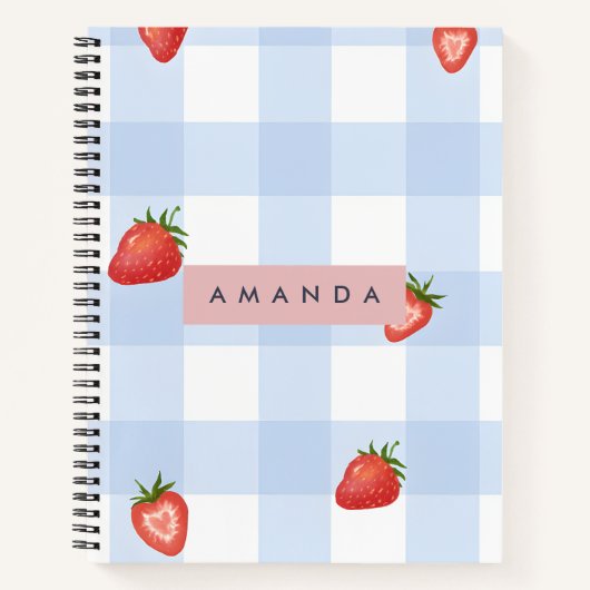 Personalized Strawberry & Blue Gingham Pattern ノートブック (正面)
