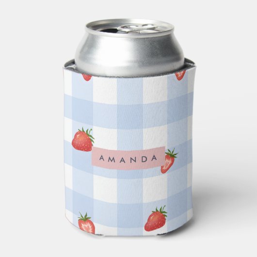 Personalized Strawberry & Blue Gingham Pattern 缶クーラー (缶正面)