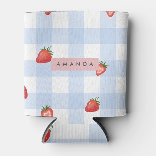 Personalized Strawberry & Blue Gingham Pattern 缶クーラー (正面)