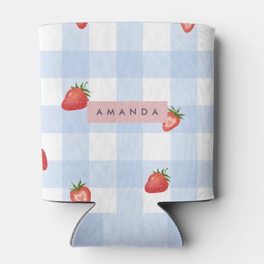 Personalized Strawberry & Blue Gingham Pattern 缶クーラー (裏面)