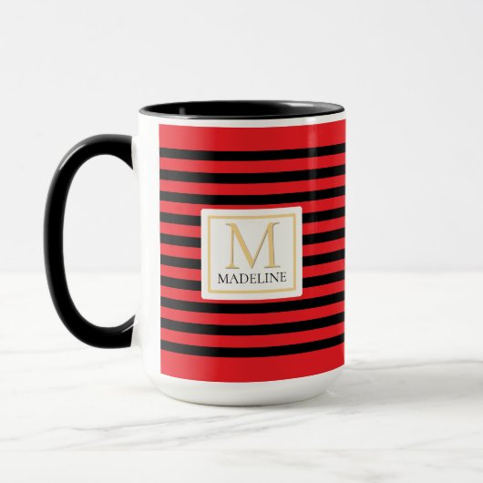 Personalized Stripe Name Mug Red Black White マグカップ (左)