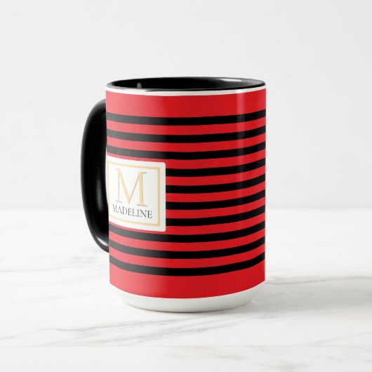 Personalized Stripe Name Mug Red Black White マグカップ (正面左)