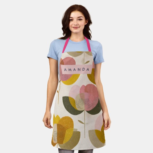 Personalized Stylish Mid Century Floral Art  エプロン (着用した状態)